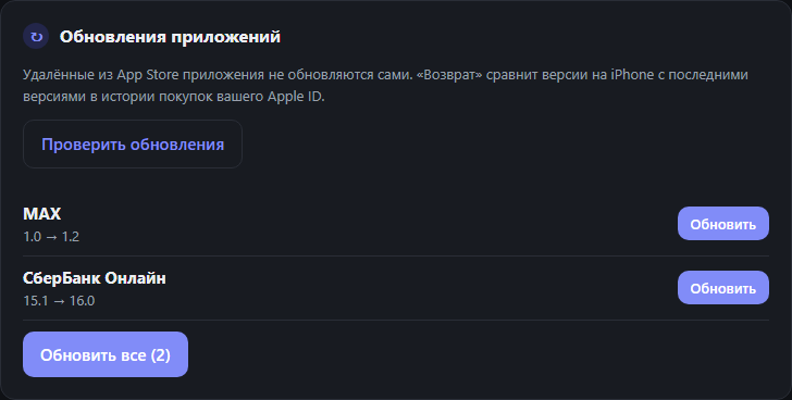 Обновления приложений: MAX 1.0 → 1.2, СберБанк Онлайн 15.1 → 16.0, кнопка «Обновить все»